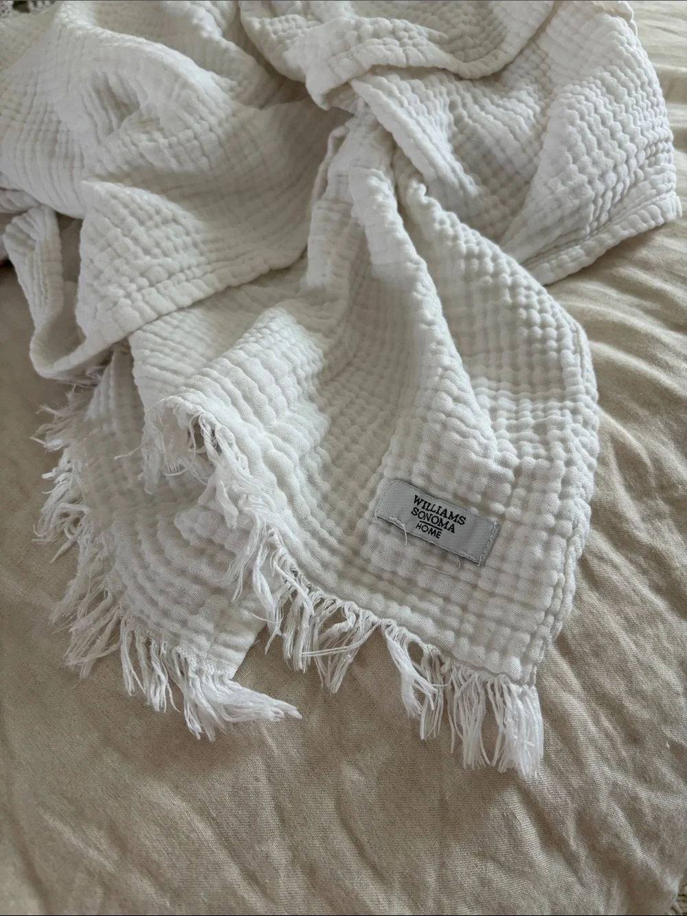 Williams Sonoma Home White Waffle Fringe Throw Blanket